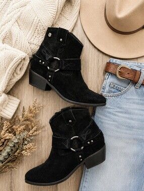Black Suede Western Ankle Boots Harness Ring Studded Boho Size 8.5